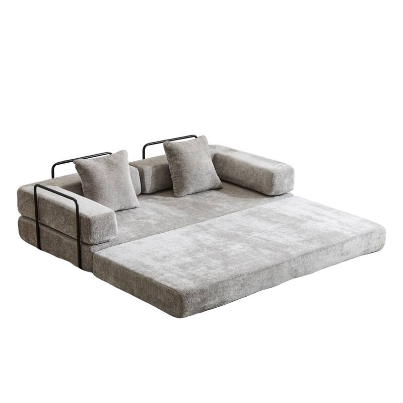 Convertible Floor Sofa Bed in Light Grey Chenille Fabric, 77x37x24 inches