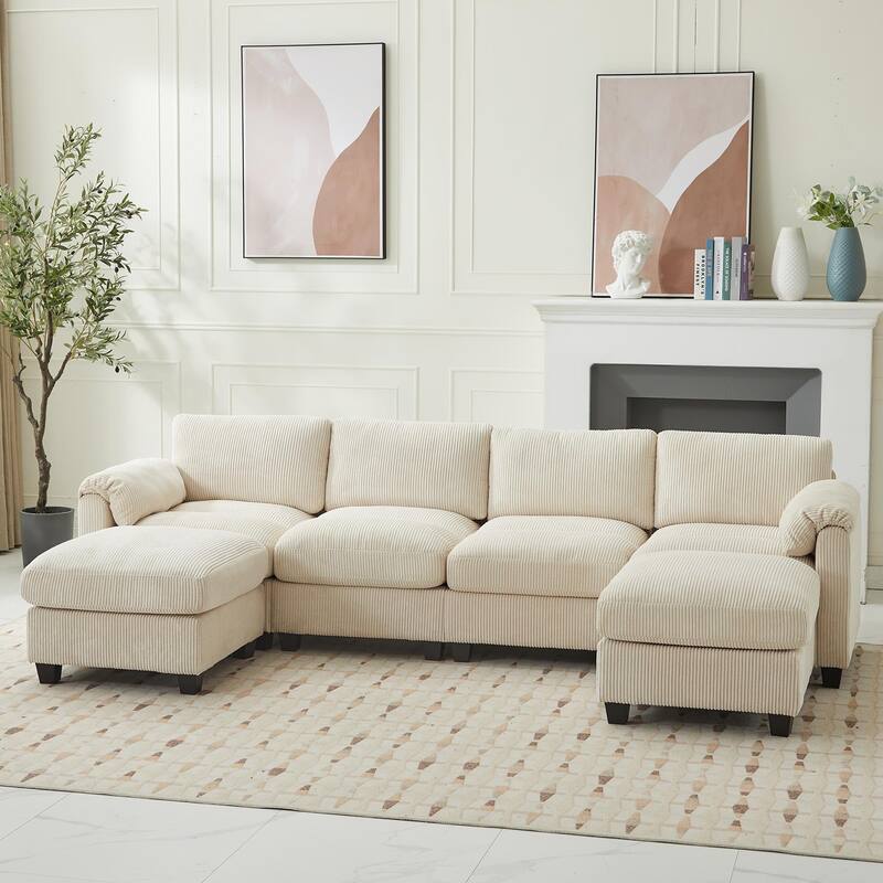 Corduroy Sectional Sofas with 2 Removable Ottomans, U-shaped Symmetrical 6-Seat Modular Couch