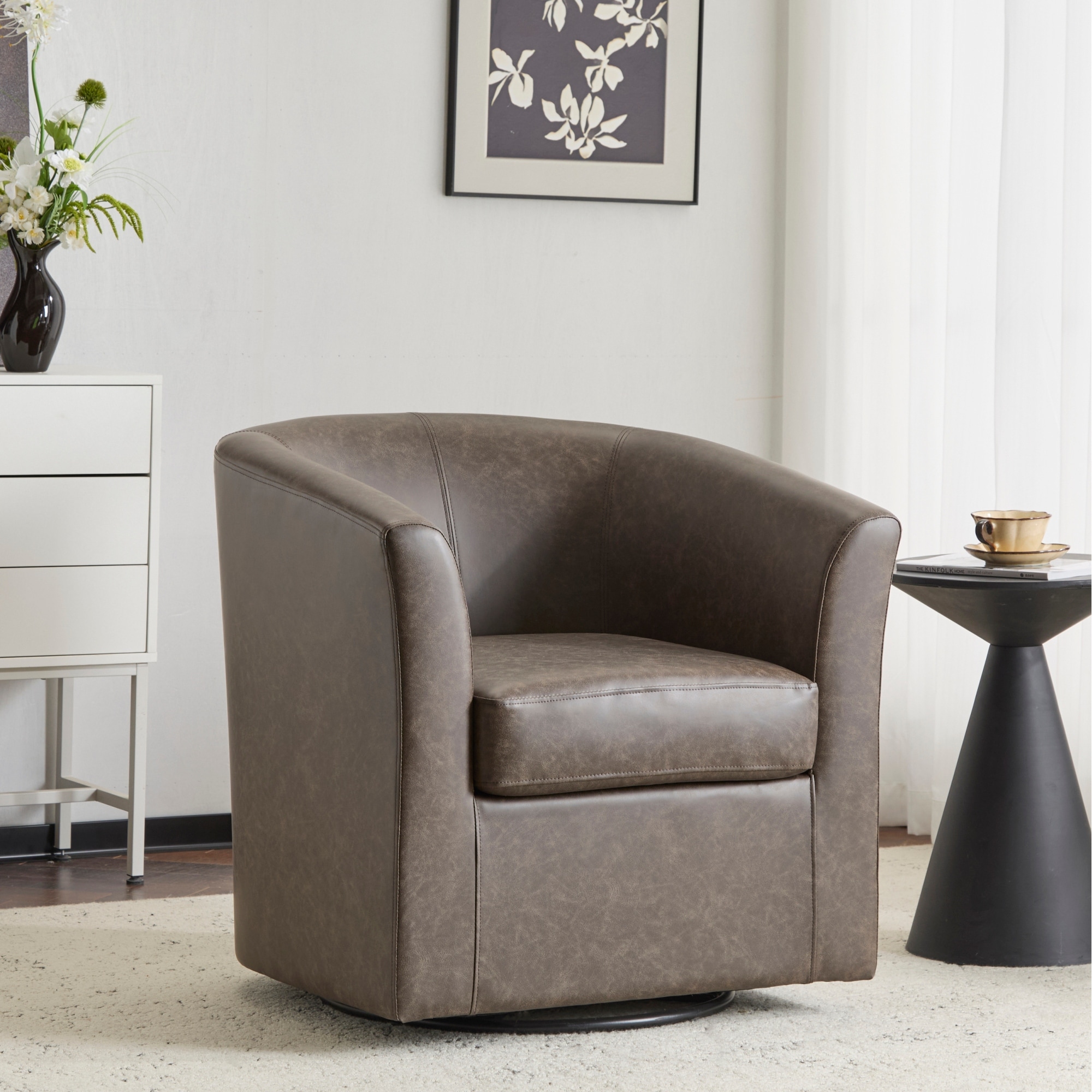 Roomfitters Wilmore Faux Leather Swivel Barrel Accent Chair, Modern 360-Degree Lounge Seating