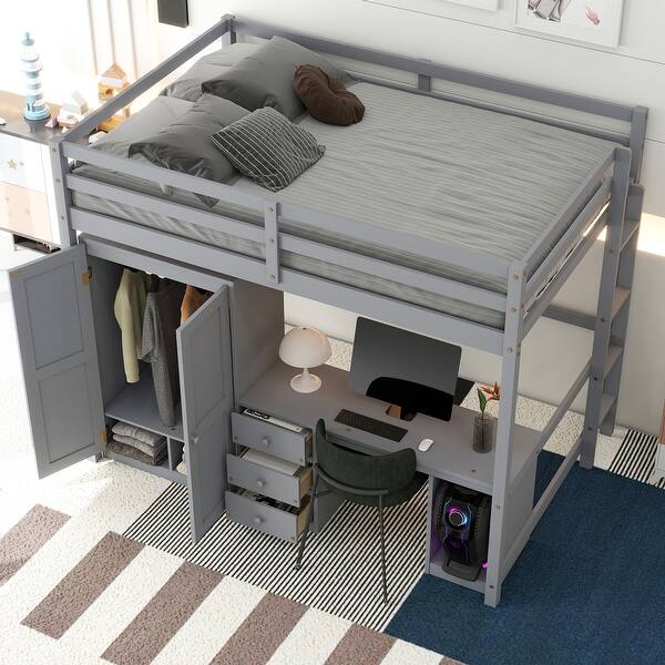 slide 2 of 17, Modern Design Wood Loft Bed with Large Storage Space, Desk for Working and Sturdying, Full Size, Grey