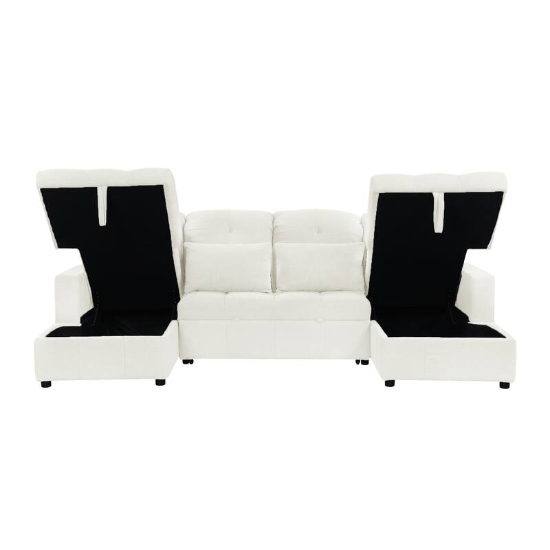 U-shaped Sofa Pull-out Sofa Bed, Modular Sectional Sofa with 2 Storage Chaise Lounges and 2 USB Ports for Living Room