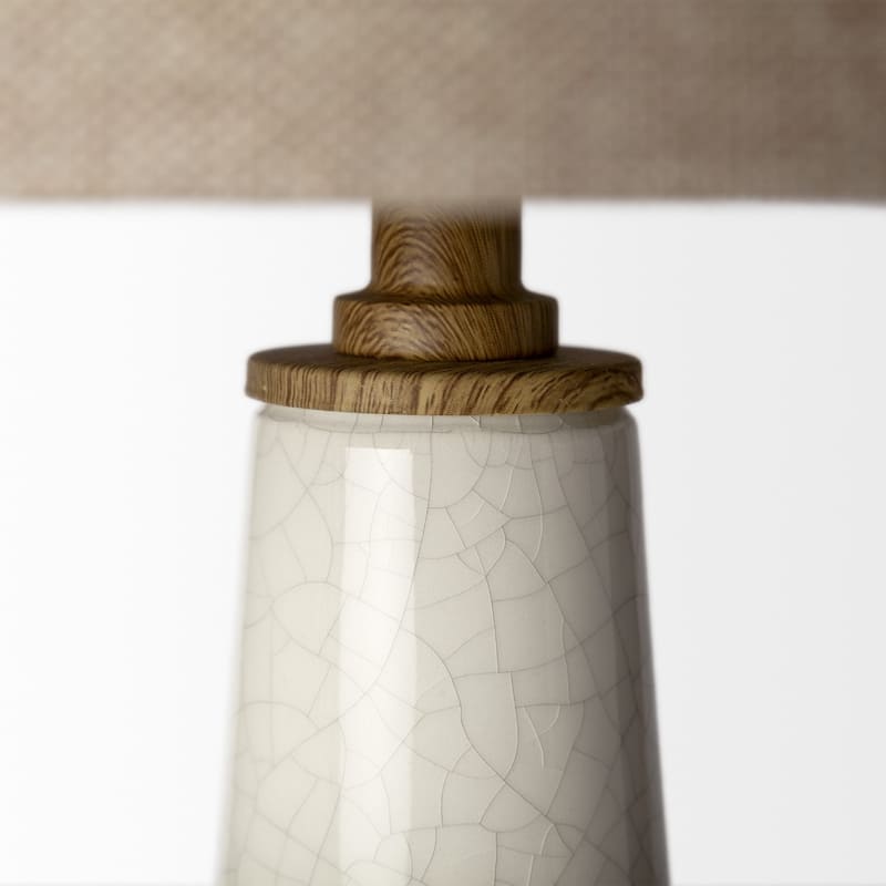 Brown Linen Cone Shade Cream Ceramic Lamp Base 3-Way Switch Large Size - 14” x 14” x 28.5” (D x W x H)