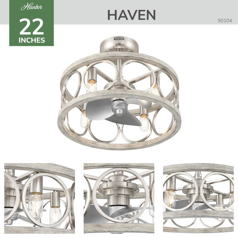 Hunter Haven 22" Fandelier Ceiling Fan w/ Light, Remote - Modern, Industrial, Farmhouse - Small Spaces