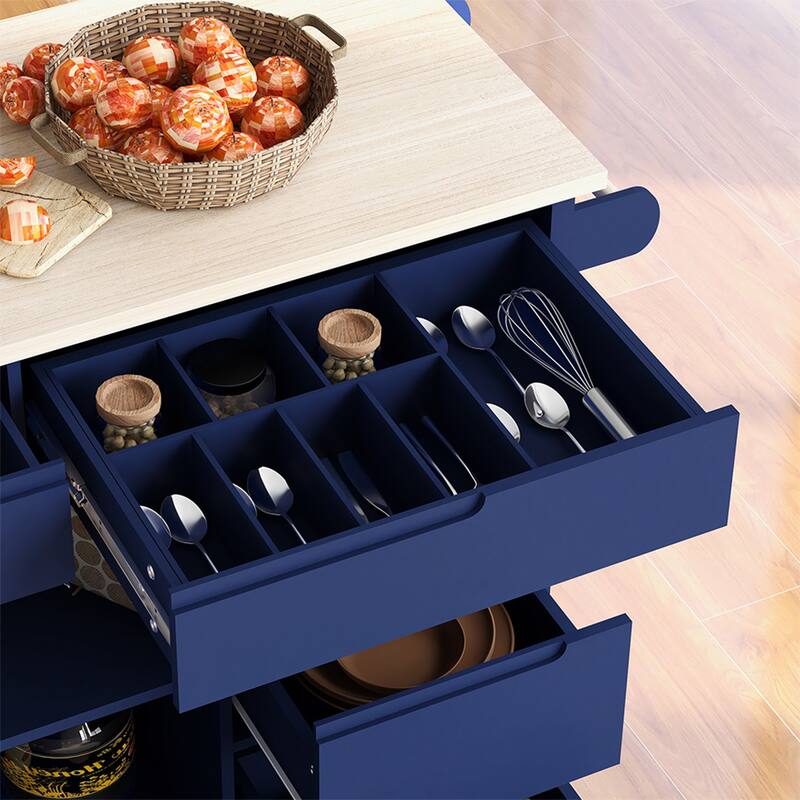 Kitchen Cart With Rubber Wood Countertop, Large Storage Space Flatware Organizer With Spice Rack, Towel Rack