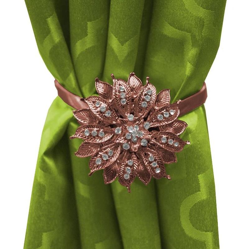 Yule Single Bling Diamond Floral Design Curtain Holdback Magnetic Clip Drapery Tieback - Bronze