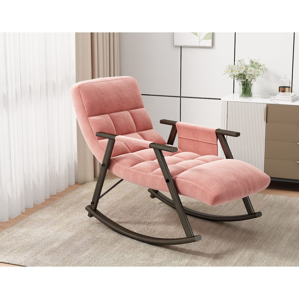 Pink Modern 42.2" Velvet High Back Rocking Chair with Foot Rest and Side Pockets for Living Room