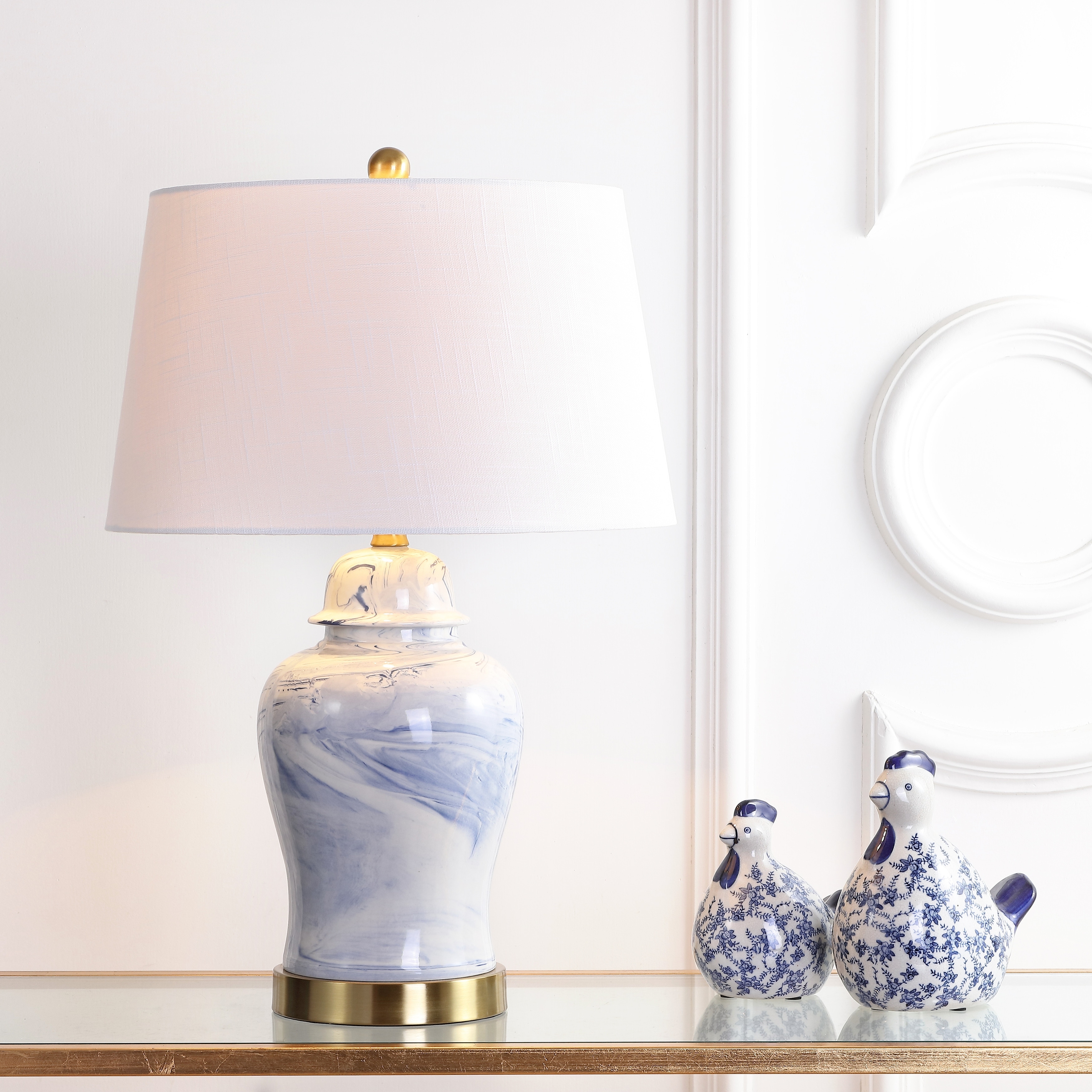 JONATHAN Y Clarke 26" Ceramic LED Table Lamp, Blue/White