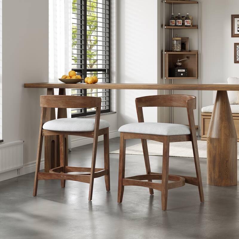 Christopher Knight Home - Mid-Century Upholstered Wooden Counter Stools - 27" Seat Height Bar Stools with Back, Set of 2 - Walnut