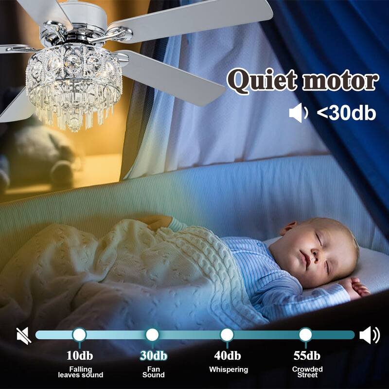 52" Modern Indoor Reversible Crystal Drum Ceiling Fan with Remote Control and Light Kit Chrome