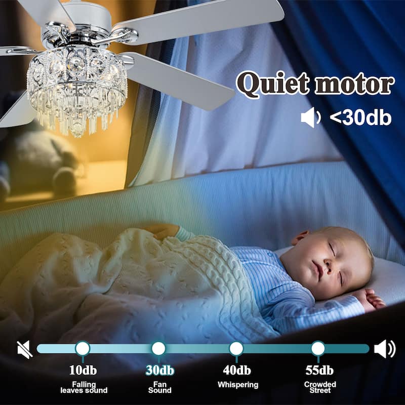 Bella Depot 52" Chrome Luxury Crystal Ceiling Fan with Light and Remote Control 6-Speed Reversible Blades - 52 Inches