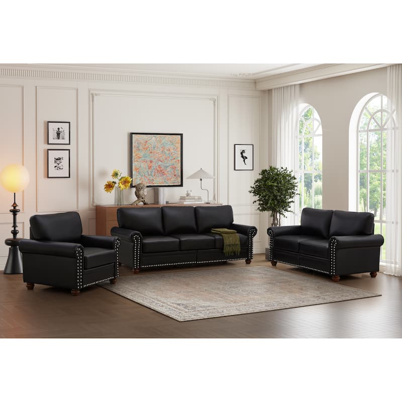 Faux Leather Sofa with Nail Accents and Under-Seat Storage - 1+2+3 Seating - Black