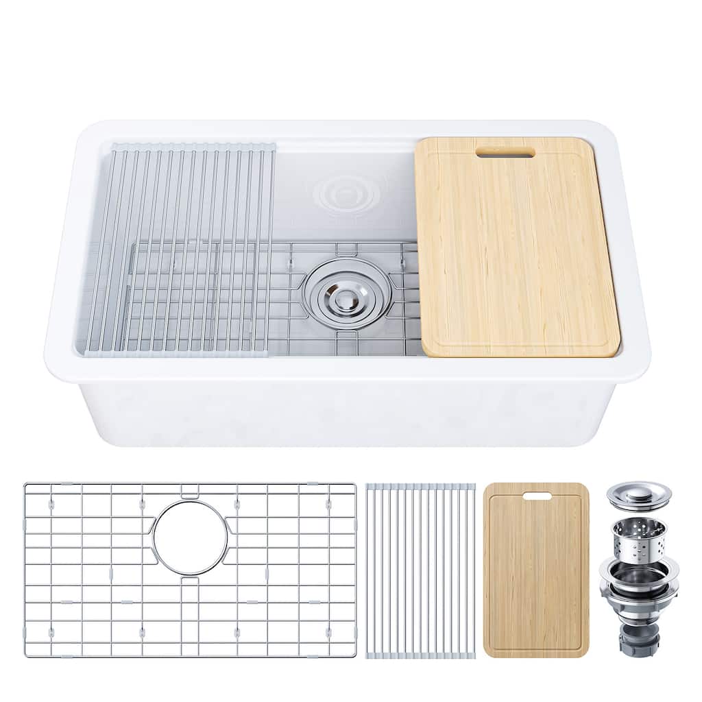 HOROW 33 in. Drop-In Single Bowl Ceramic White Kitchen Sink Standard and Bottom Grid, Drain Assembly, Cutting Board