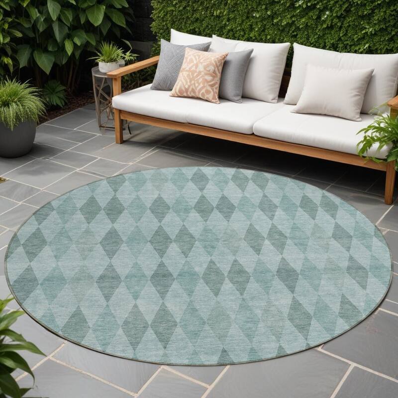 Laz Stylish Geometric Weather Resistant Blended Style Outdoor Rug - 8' Round - Teal
