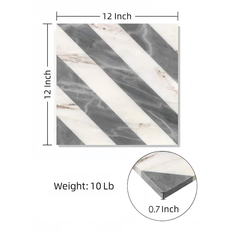 Roomfitters Waterjet Marble Tile for Floor and Wall, Polished Natural Stone, Genuine Marble, 8-Piece Box, White Gray