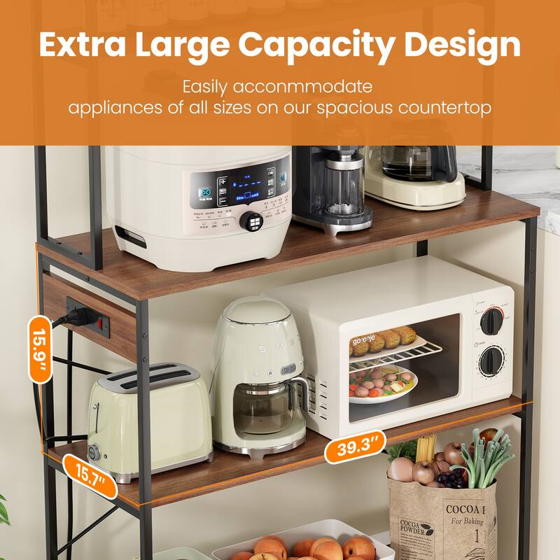 Large 5-Tier Bakers Rack with Electrical Outlets, 39 Inch Microwave Stand & Coffee Bar, Kitchen Storage Shelf for Home