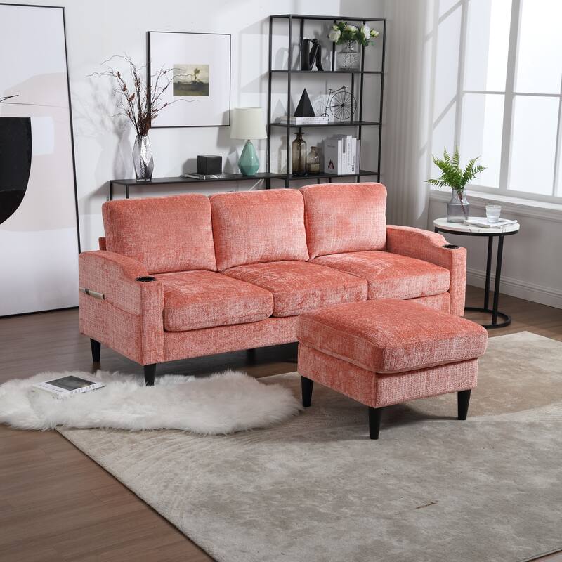 Modular Sectional Sofa with Storage Ottoman, Comfy Chenille Fabric Sofa, 3-Seater Sofa with Side Pockets & 2 Cup Holders