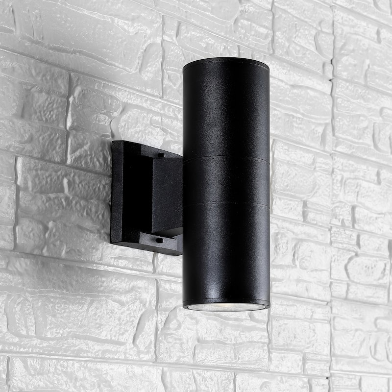 Lauren 2-Light Modern Midcentury Cylinder Outdoor Metal/Glass Integrated LED Wall Sconce with Uplight, by JONATHAN Y