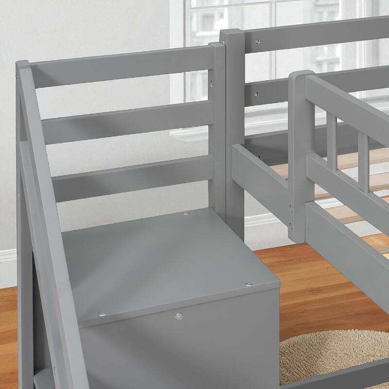 Twin/Full Loft Bed with Desk, 2 Storage Drawers, LED Light Strip, Side Stairs, Study & Space-Saving Design