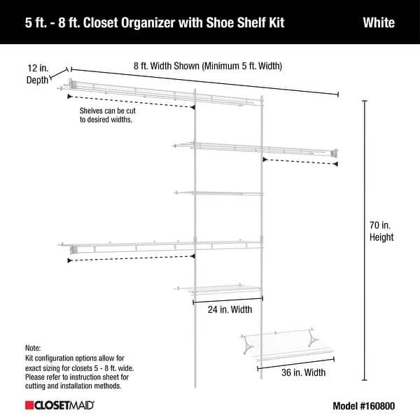 dimension image slide 3 of 4, ClosetMaid Fixed Mount Closet Organizer Kit 60 - 96 inch White Wire