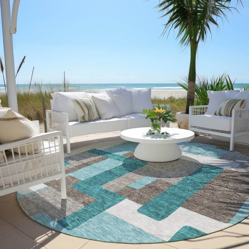 Machine Washable Indoor/ Outdoor Chantille Contemporary Blocks Rug - Teal - 8' x 8'