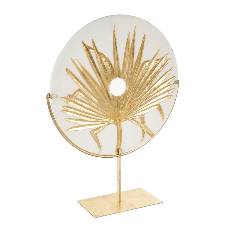 Gold Polystone Round Disk Leaf Decorative Sculpture with Center Cutout and Gold Base