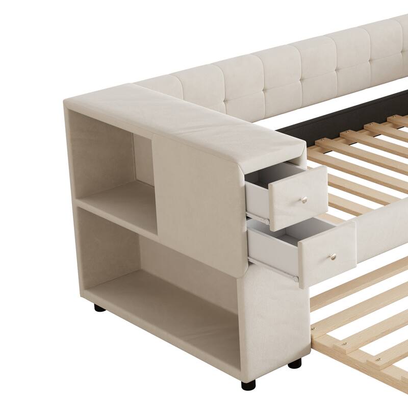 Twin Velvet Upholstered Platform Bed with Trundle, USB Charging, Storage Drawers, Beige/Gray