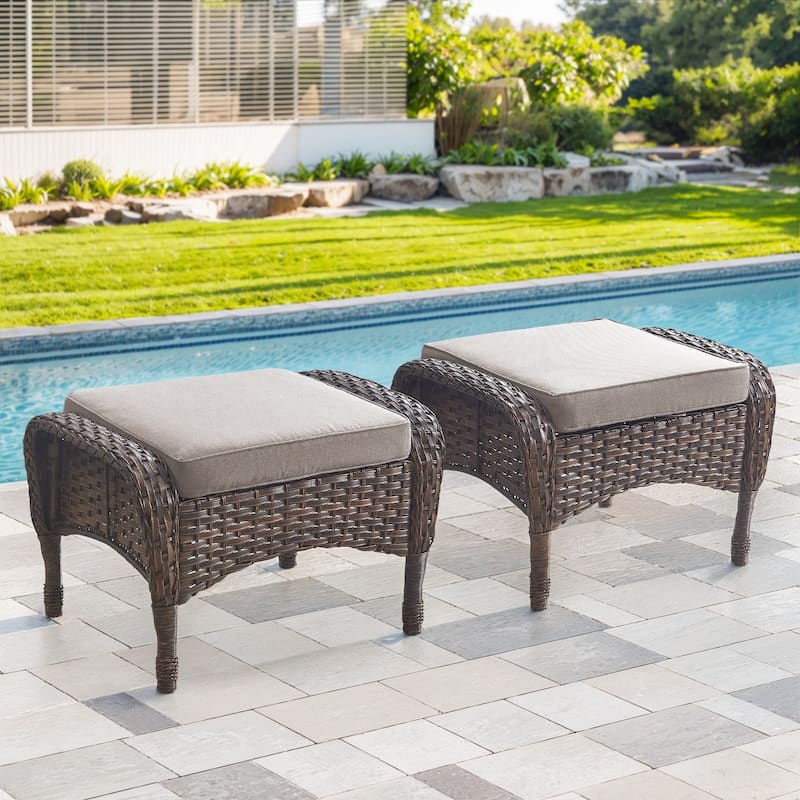 Gymojoy Versatile Outdoor Wicker Ottomans with Soft Cushions - 2-Piece - Brown Wicker / Beige Cushion