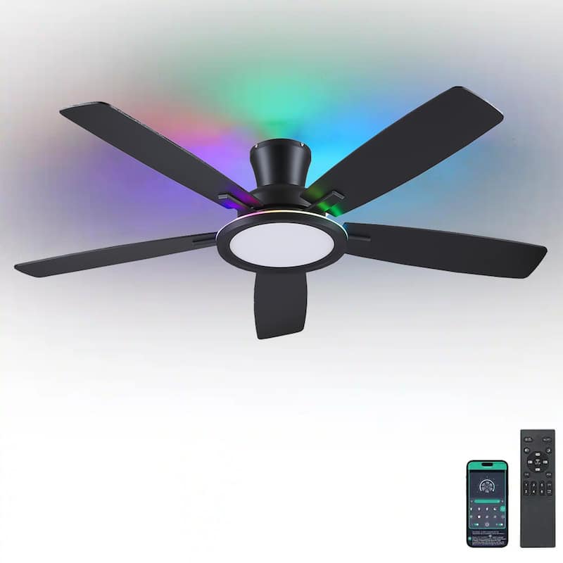 52 Inches RGB Flush Mount Ceiling Fan with Light,Reversible DC Motor for Bedroom Living Room Patio - Black