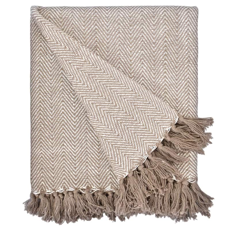 Fabstyles Herringbone Stripe Cotton Throw Blanket With Fringes - 50x60 - Stone
