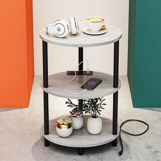 3-Tier Oval Side Table with USB Ports and Power Outlet, Rustic Wood and ...