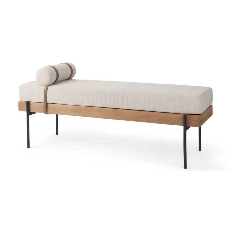 Colburne Cream Fabric Seat With Medium Brown Solid Wood Frame Accent Bench - 55.1"W x 16.1"D x 13.4"H