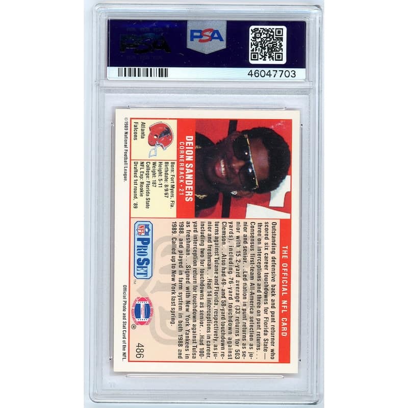 Deion Sanders Florida State Seminoles 1989 Pro Set Football Rookie Card RC #486 Graded PSA 9 MINT - 8'6" x 11'6"