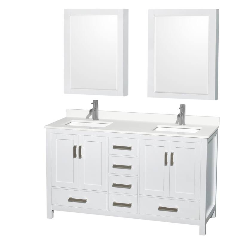 Sheffield 60-inch Double Vanity, Single Hole Quartz Top, Med Cabinets - White, Chrome Trim, White Quartz Top