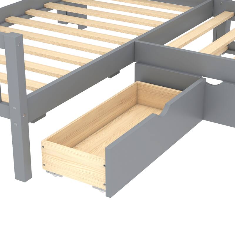 L Shaped Twin Platform Bed with Pull Out Trundle and Drawer, Solid Wood Twin Size Bed Frame with L Shaped Storage Bookcases