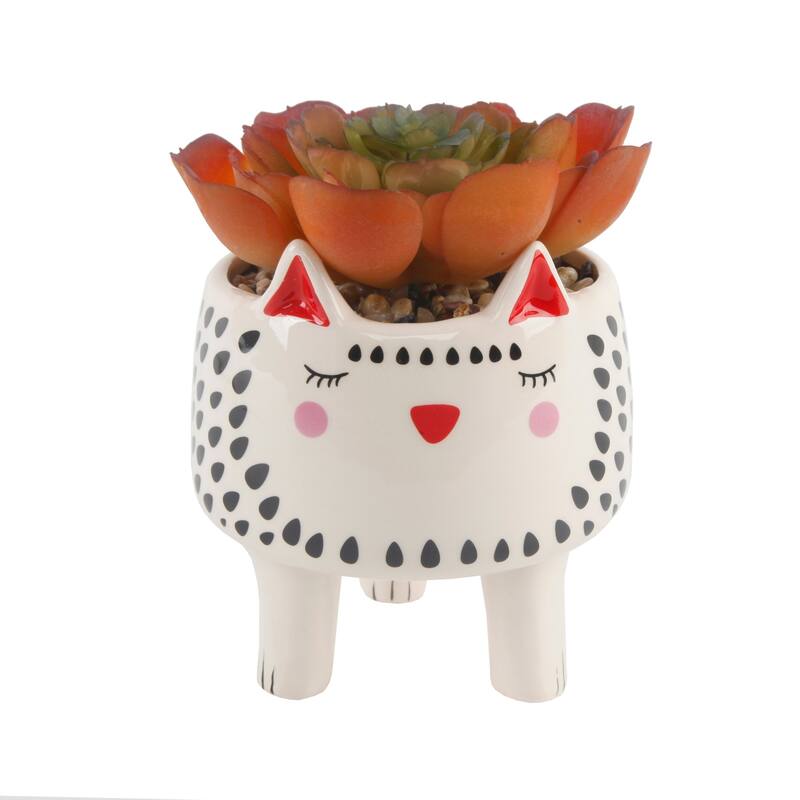 Faux Succulent in 4.75" Small White Cat Ceramic Planter - ONE-SIZE