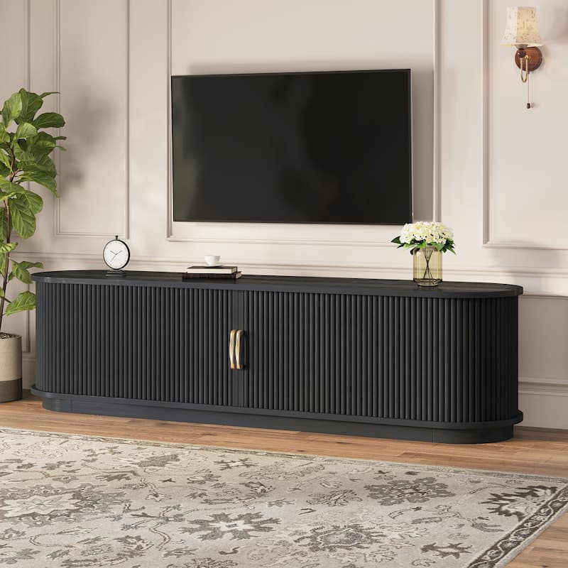 Vintage TV Stand with Sliding Wood Slatted Doors for TVs up to 75", with Drawer, Wood Grain Media Console with Cable Management