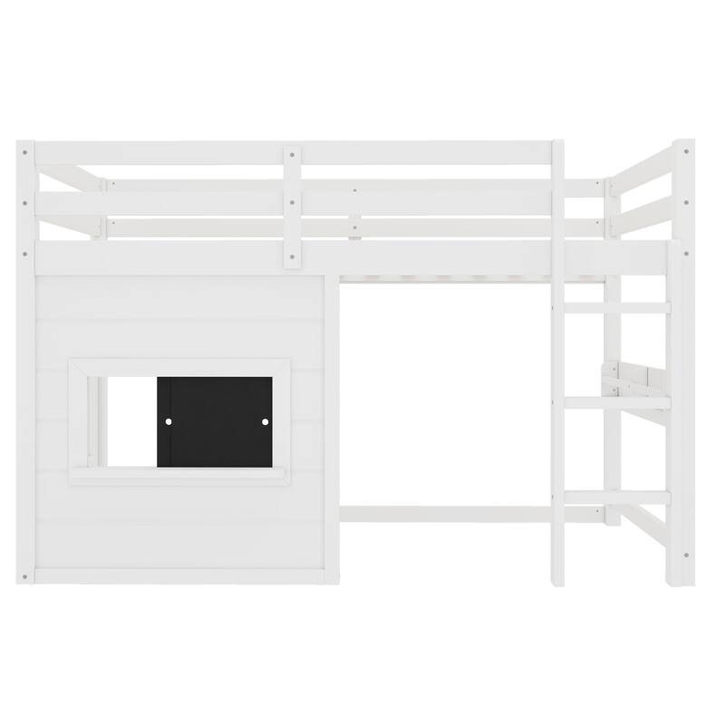 Twin Size loft bed with a playful sliding chalkboard, built-in bookshelf, and high-quality safety rails
