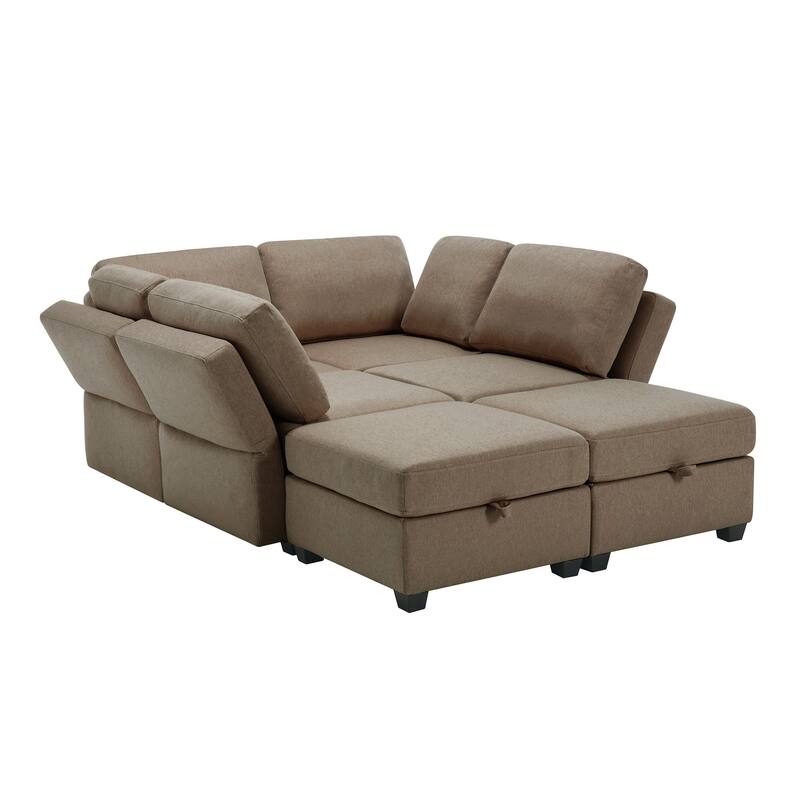 Modern Modular 6 Seat Upholstered Sectional Sofa with Storage, Adjustable Arm, Brown
