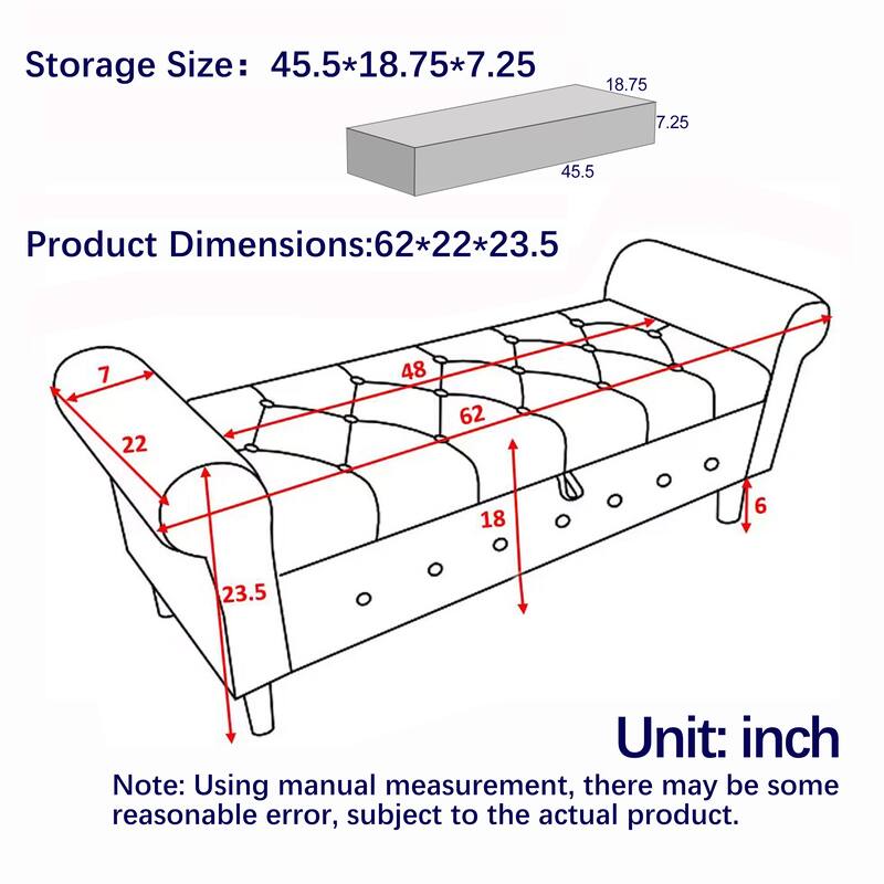 62" Bedroom Tufted Button Storage Bench, Modern Fabric Upholstered Ottoman,Window Bench,Rolled Arm Design for Bedroom