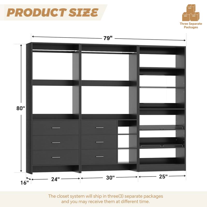 Set of 3 Closet System with Drawers and Shoe Rack, Freestanding Closet Organizer with Hanging Rods and Tower Shelves