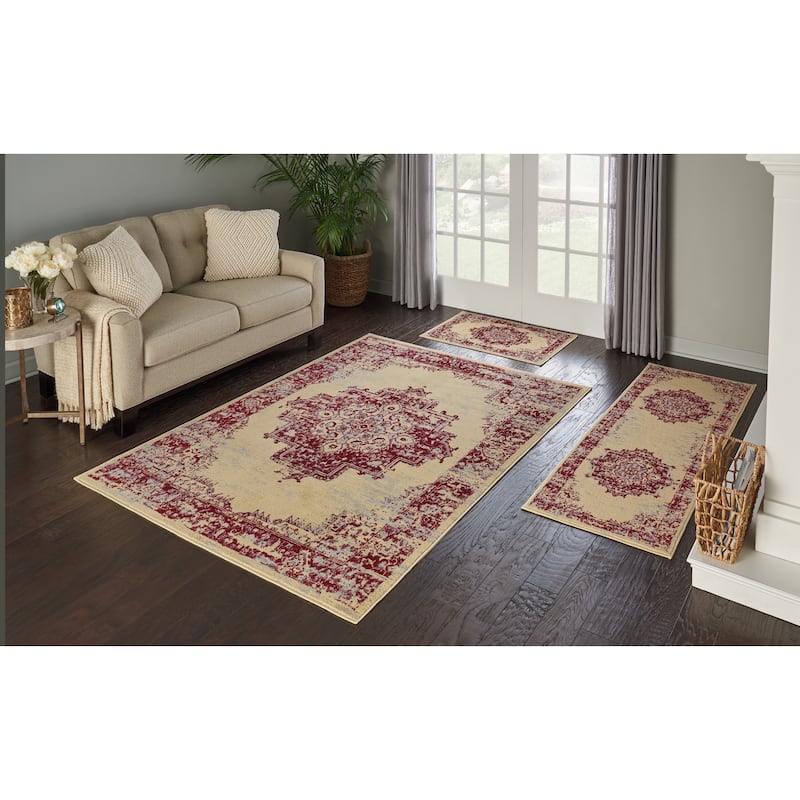 Nourison Grafix Distressed Vintage Medallion Area Rug - Set - Cream/Red