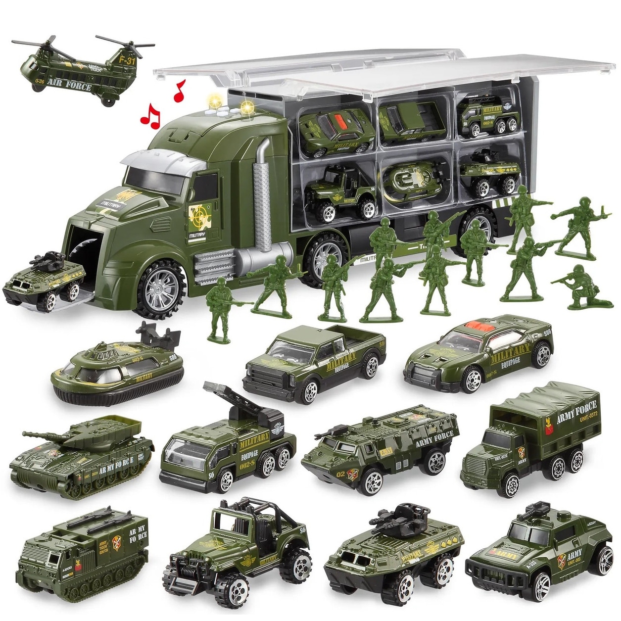 25 in 1 Military Kids Truck Toys with Lights and Sounds - Green