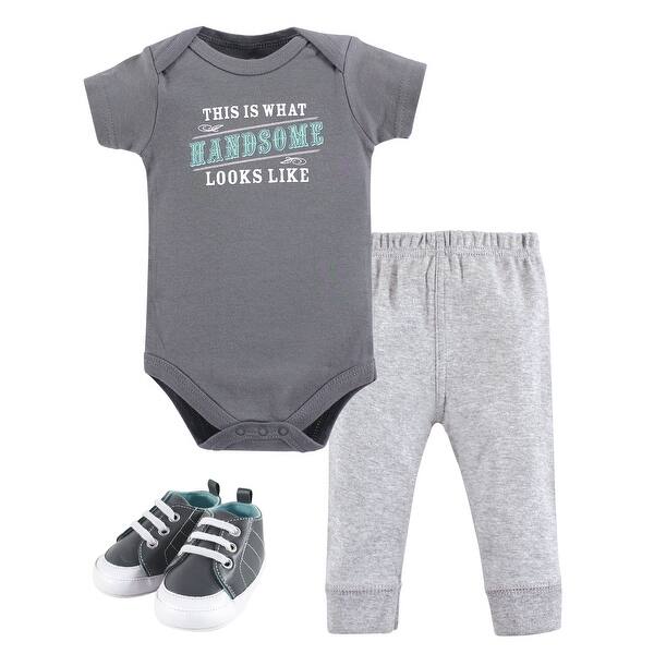slide 1 of 1, Little Treasure Baby Boy Cotton Bodysuit, Pant and Shoe 3pc Set, Handsome 0-3 Months - Handsome