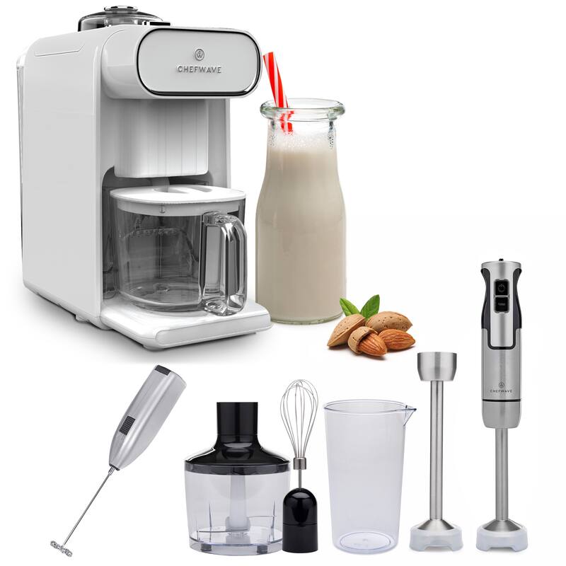 ChefWave Milkmade Non-Dairy Milk Maker w/ Hand Blender & Milk Frother - White