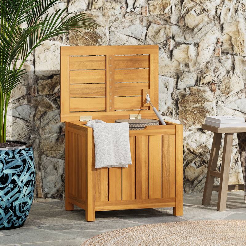 Roomfitters Portside 30 Gallon Solid Acacia Wood Deck Box with Louvered Sides, Outdoor Storage, Teak Finish