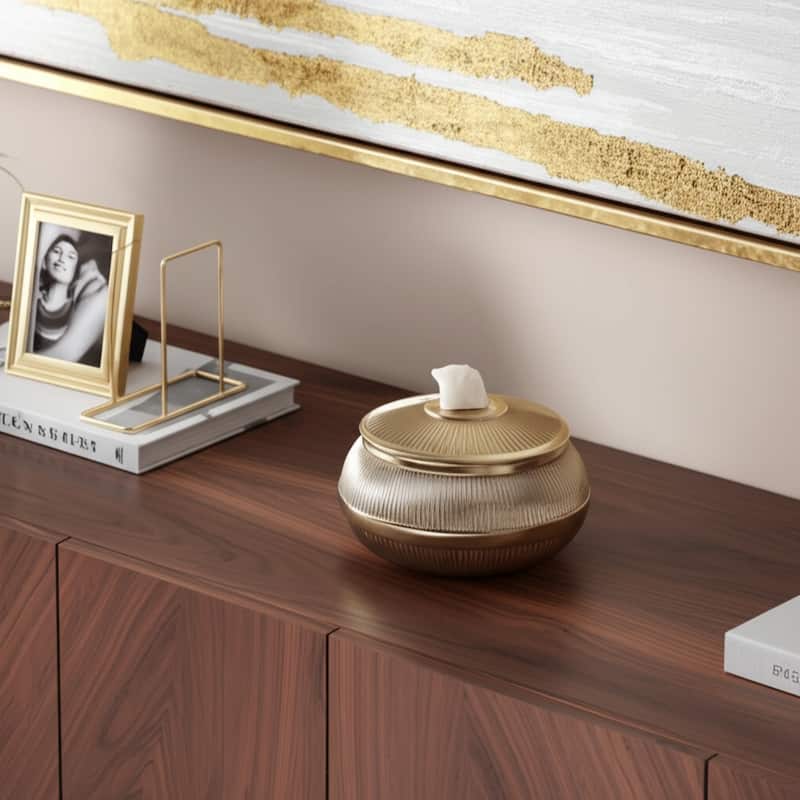 Aluminum Agate Decorative Object Stylish Lidded Textured Sculpture - Gold - 7" x 7" x 5.25"