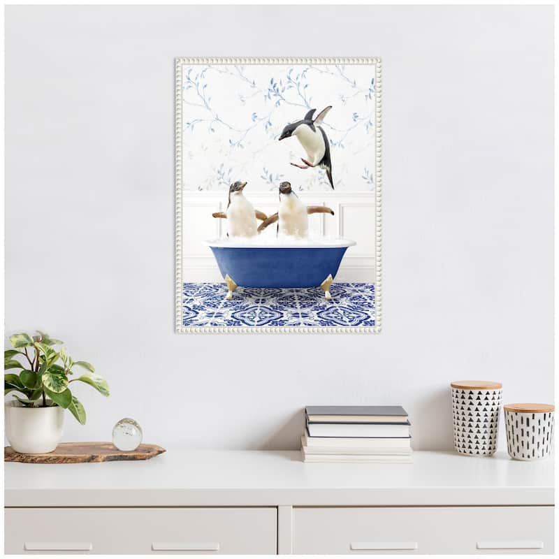 Kate and Laurel Sylvie Penguins in Eclectic Blue Bath Framed Canvas by Amy Peterson