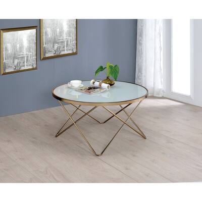Contemporary Frosted Glass Coffee Table with Overlapping V-Shaped Metal Base, Champagne Finish for Living Room