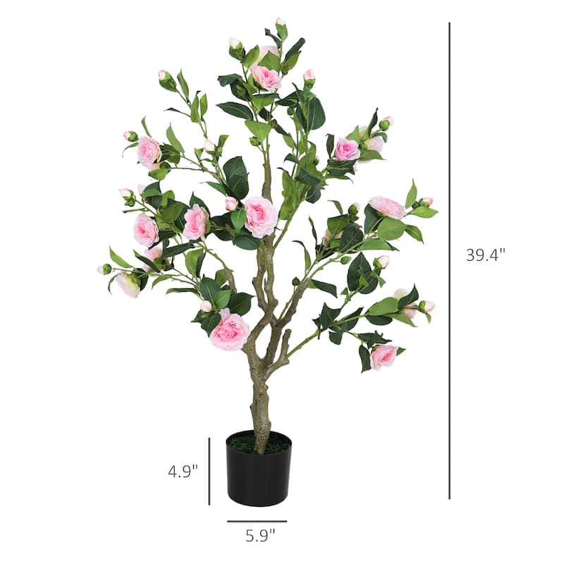Set of 2 Artificial Camellia Flower Plants Pink Green with 18 Flowers 18 Buds 150 Leaves 39 Inch for Home Office Decor - 39.4"