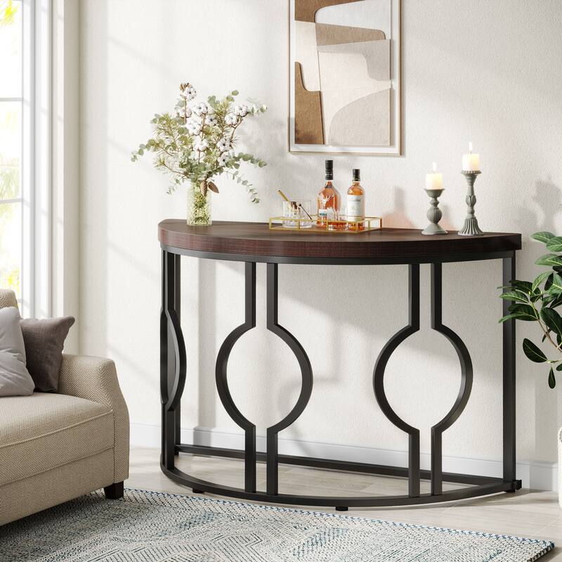 43" Industrial Half Moon Console Table with Geometric Base for Living Room, Hallway, Foyer, Entrance